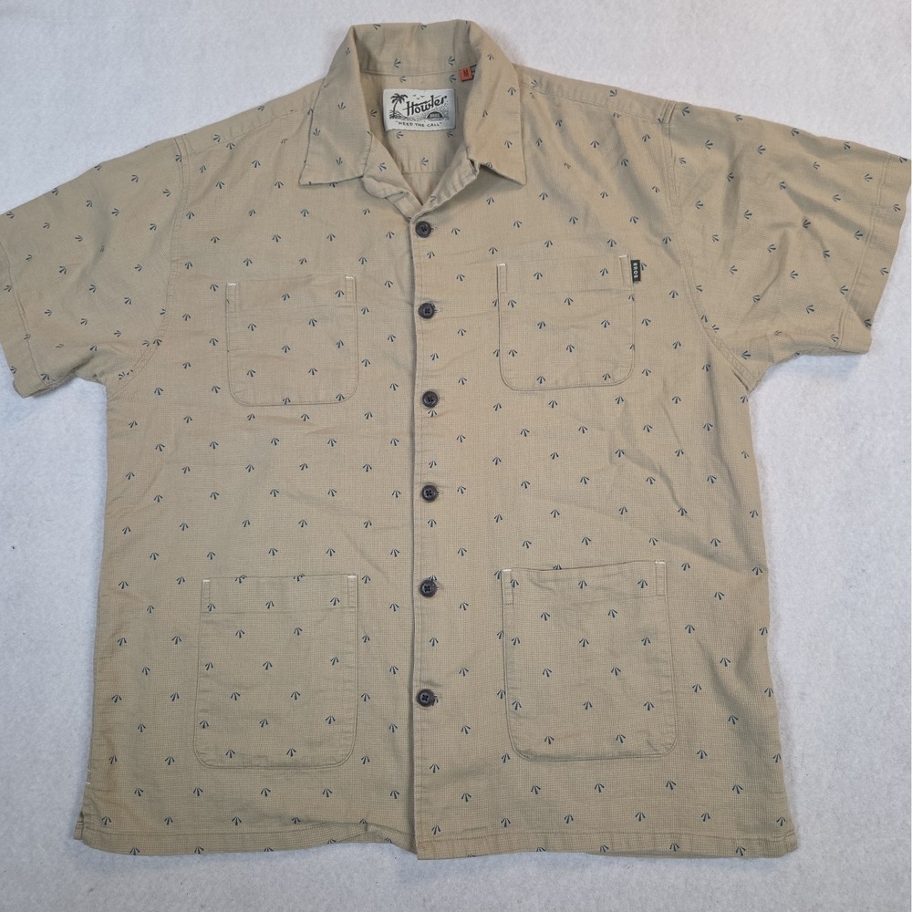 Howler Bros Sunset Scout Shirt Mens Medium Tan Palm Print 4 Pocket Short Sleeve